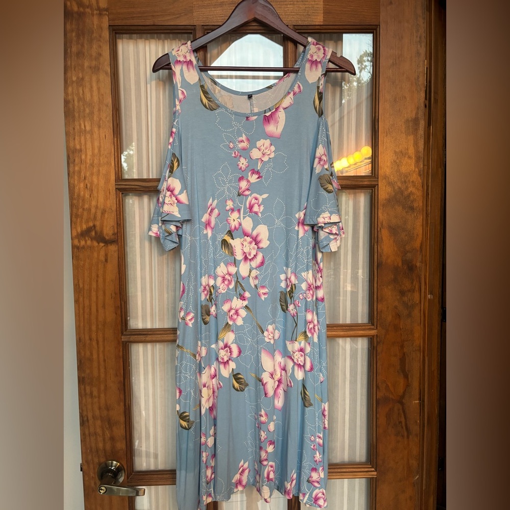 Floral Cold Shoulder Dress in Blue and Pink